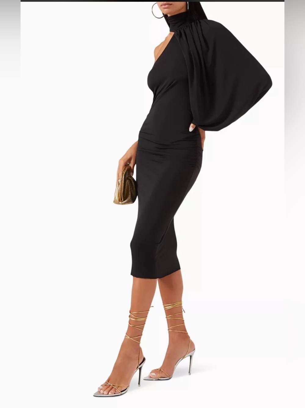 Asymmetric One-Shoulder Black Midi Dress with Statement Draped Sleeve size L